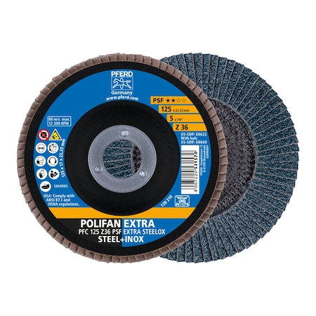 Pferd 5" x 7/8" A.H. POLIFAN Flap Disc - Z PSF EXTRA STEELOX, Zirconia, 36 Grit, Conical 60632